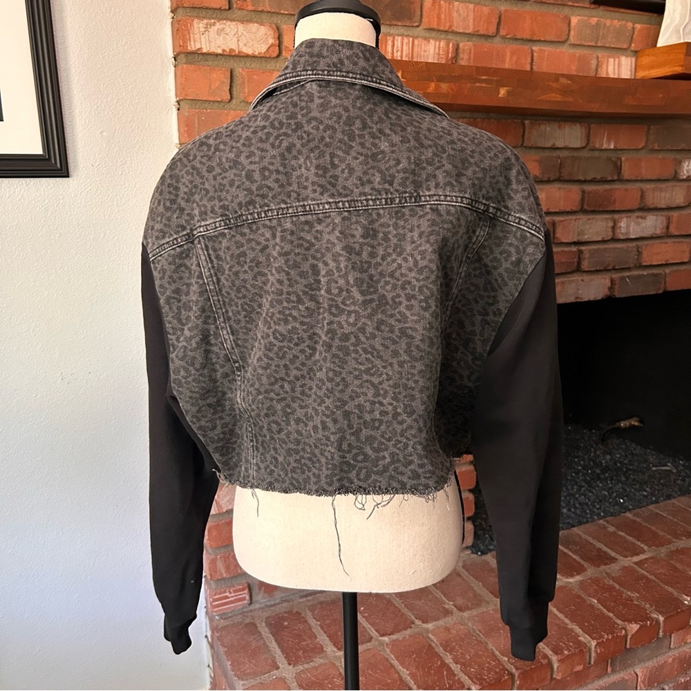 All Saints Anders Leo Mixed Media Cropped Denim Jacket in Washed Black Sz M/L - Picture 8 of 10